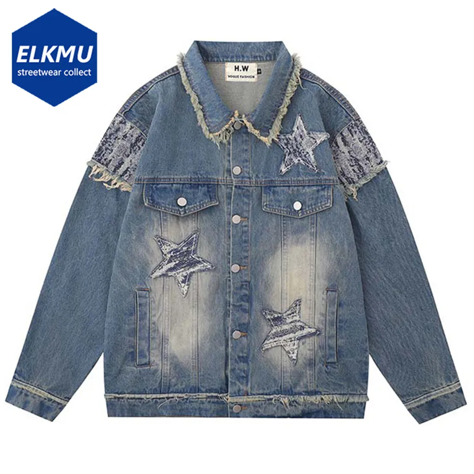 Erkek ceketler Moda mavi kot pantolon yıldızı birleştirme büyük boy harajuku hip hop sokak kıyafeti denim 230810