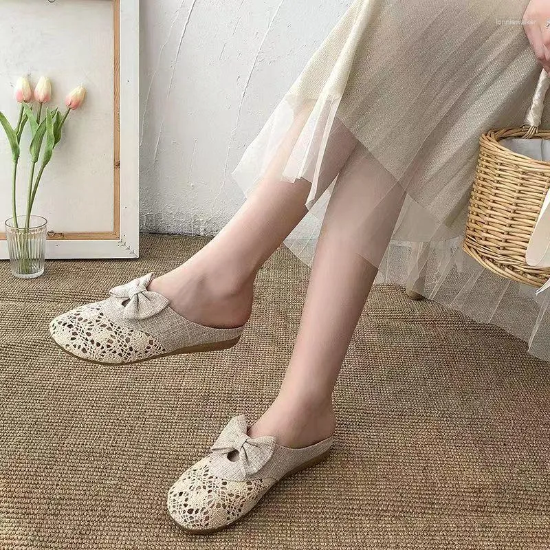 Sandals FHANCHU 2023 Women Linen Slippers Summer Beach Flats Shoes Close Toe Slides Knit Bowtie Hollow Out Beige Black Dropship