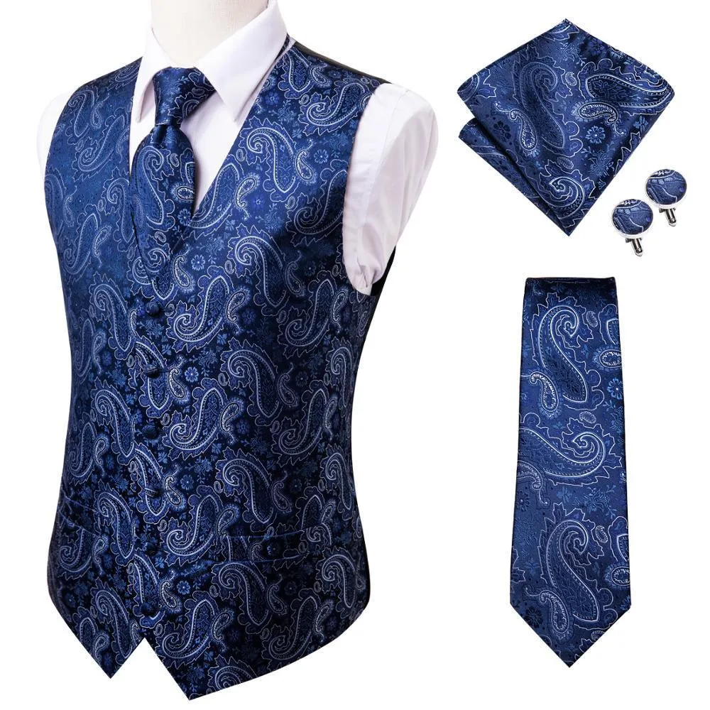 Mäns västar Hi-Tie 20 Color Silk Men's Vests Tie Business Formal Dress Slim Sleeveless Jacket 4pc Hanky ​​Cufflink Blue Paisley Suit Waistcoat 230809