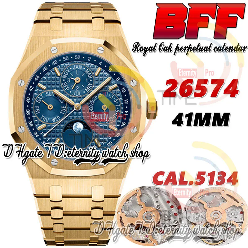 BFF BF26574 Skomplikowana funkcja Cal.5134 A5134 Automatyczna męska zegarek 41 mm Faza Księżyca niebieska teksturowanie markery sztyftu złota bransoletka ze stali nierdzewnej zegarki wiecznościowe