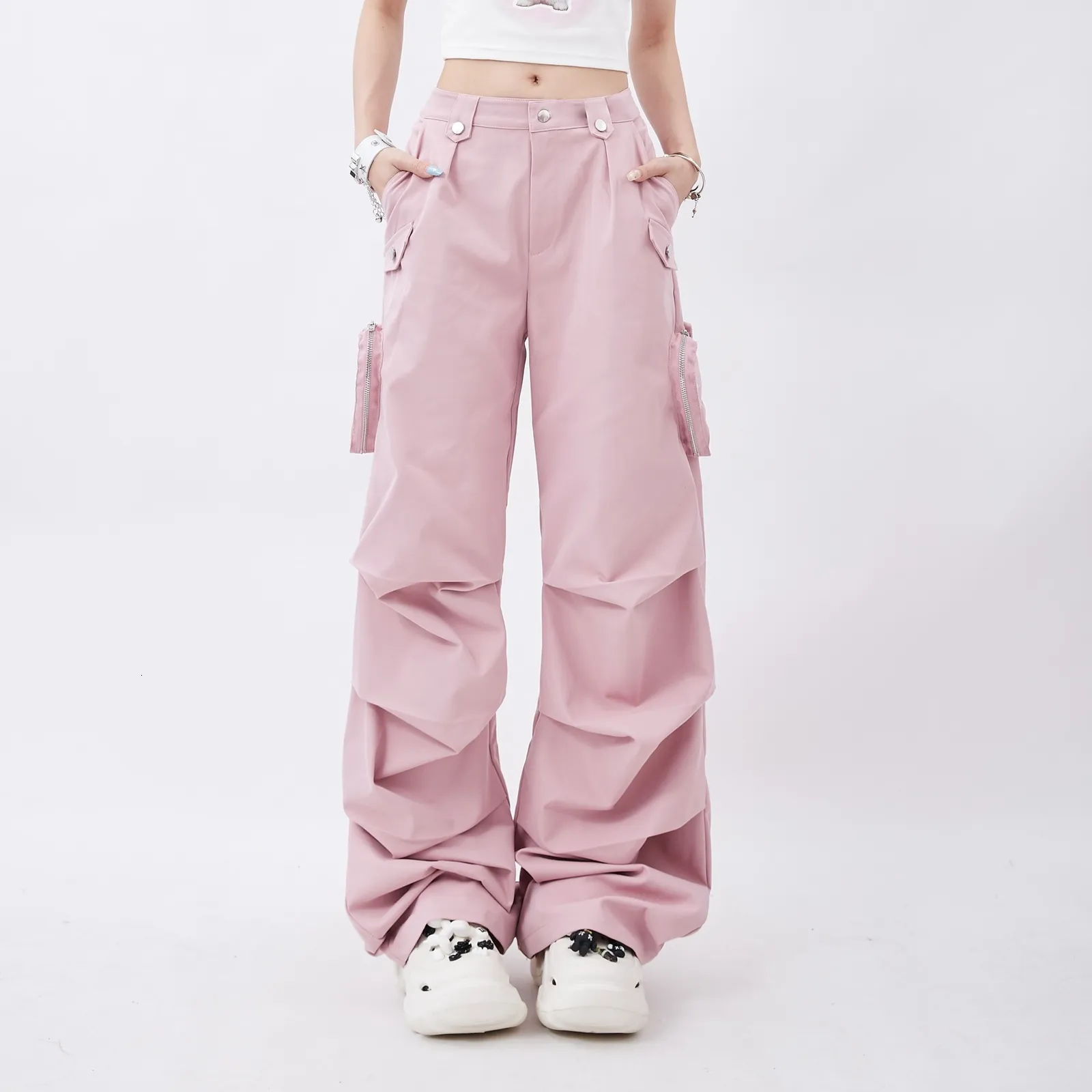 Womens Pants S 2023 Casual Summer Overalls Trousers American Loose Girl Women Pocket Asymmetry Pleated Pink Sweatpants 230810 From 65 03 DHgate