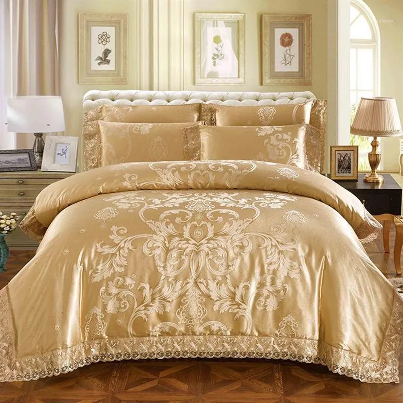 Koronkowe srebrne złotą jedwabną satynową luksusową pościel zestaw king size z łóżkiem typu queen z łóżkiem kołdrę bawełniana pościel pościel