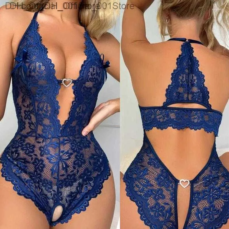 Sexy Lace One Piece Bra And Crotchless Blue Lace Underwear Set