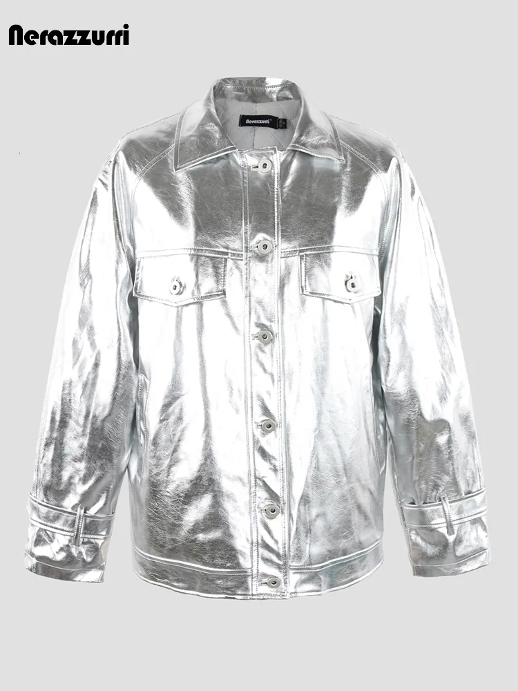 Kvinnors jackor Nerazzurri Autumn Winter Shiny Reflective Silver Patent Pu Leather Jacket Men med Raglan Long Sleeve Unisex quiltade kläder 230809