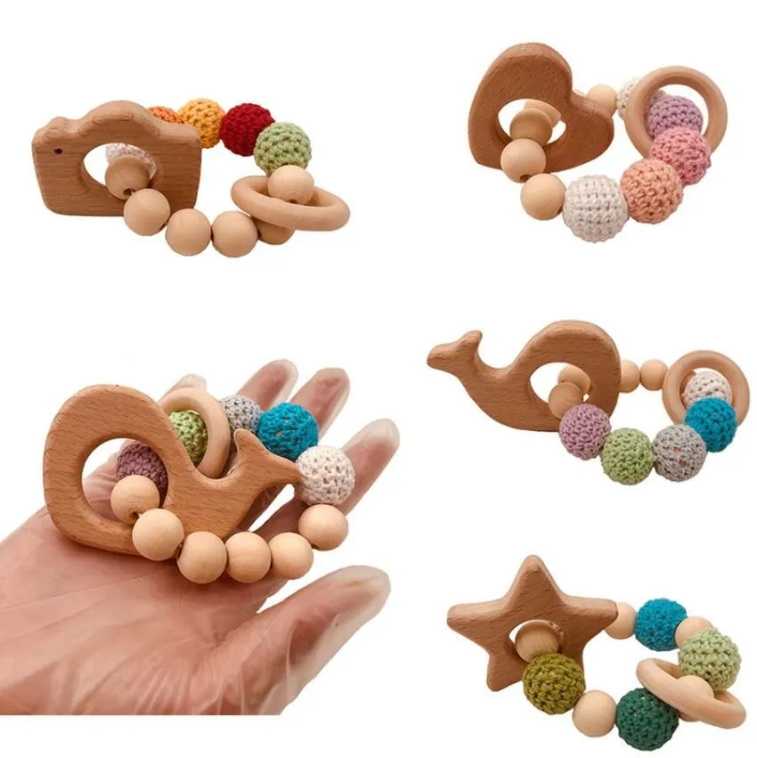 DIY Baby Molars Toy Building Blocks Animal Armband Log Natural Non Toxic Beads virkade ullpärlor Armband Baby Wood Teether ZZ