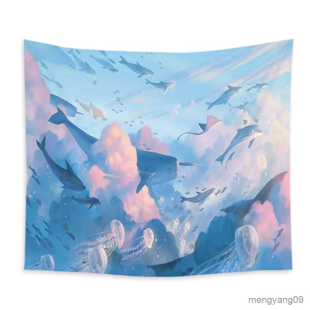 Gobeliny kreskówkowe niebo delphin gobelin Wisząca różowa chmura i wieloryb gobeliny estetyczne kawaii dekoracje pokoju wydrukowana dekoracja domowa R230810