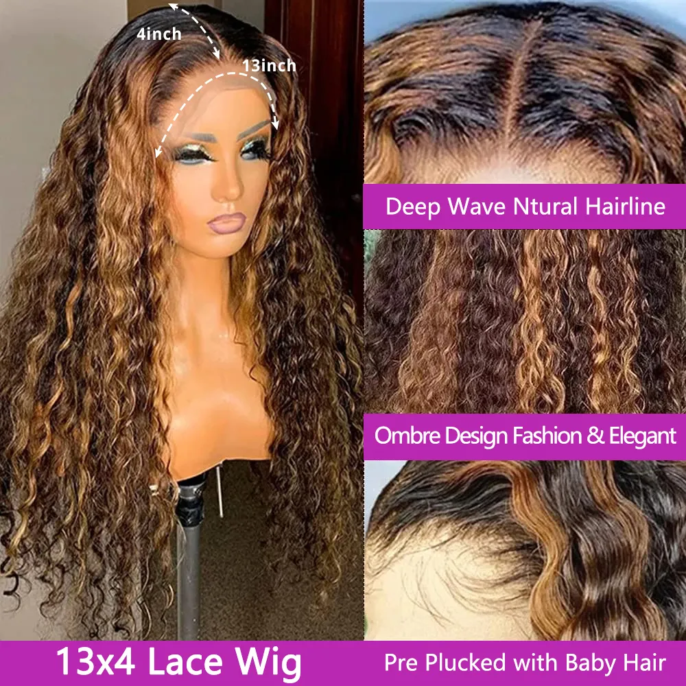 13x6 Hd Lace Frontal Wig Highlight Wig Human Hair Wigs Curly Ombre Colored Honey Blonde Water Wave Deep Wave Frontal Wig