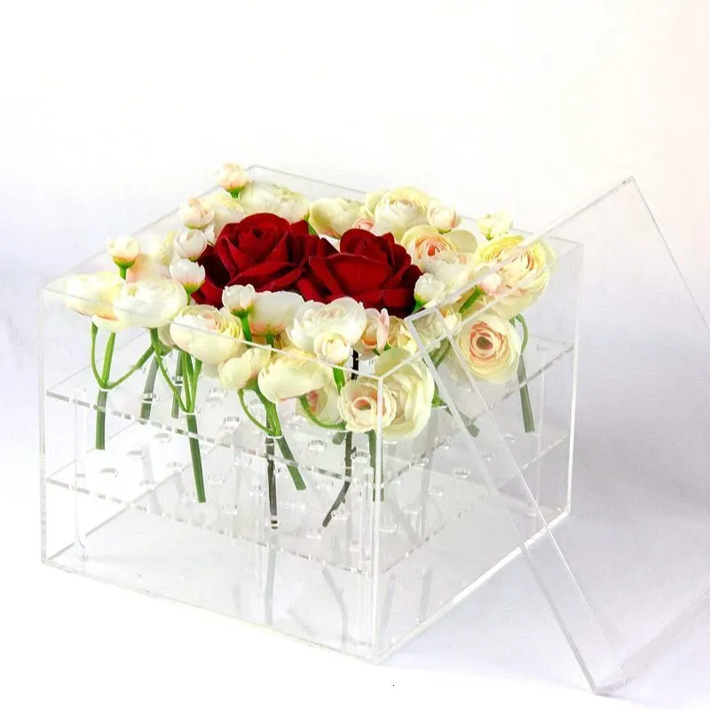 Vases Acrylic Flower Vase Square Clear Eternal Box Rose Gift With Holes Water Storage Arrangement Wedding Decor 230810