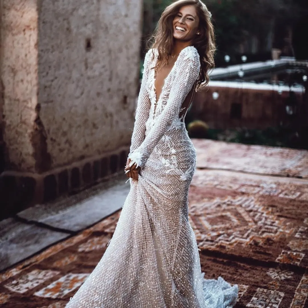 Summer Boho Dresses Boho Backless Mermaid Wedding Gown With Backless  Design, Sequins, Beads, And Plunging V-Neckline Bc15145