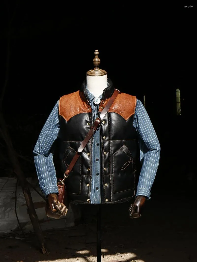 Men's Vests Tailor Brando J-92 Timeless Classic Calfskin Vintage Colour Blocking Short Leather Padded Down Waistcoat