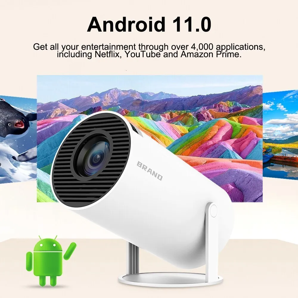 HY300 Mini Proyector 4K Android 11.0 1080P 720P 200ANSI Portátil  Inalámbrico Cine En Casa Al Aire Libre Ángulo De Proyección Ajustable De  180°