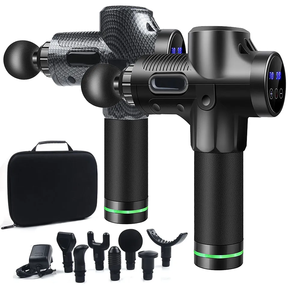 Massage Gun 7 Heads LCD Touch 30 Speed High Frequency Massage Gun Muscle Relax Body Relaxation Electric Fascial Gun Massager Pistolet 230810