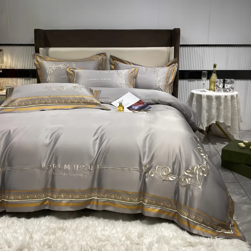 Or argent café broderie ensemble de literie de luxe reine king size tache literie linge de lit 4 pièces coton soie housse de couette ensembles bed2692