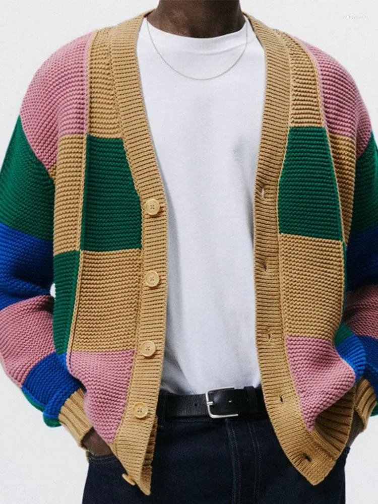 Pulls pour hommes Automne/Hiver Pull cardigan en tricot à blocs de couleurs - Vêtements d'extérieur en tricot épais à la mode