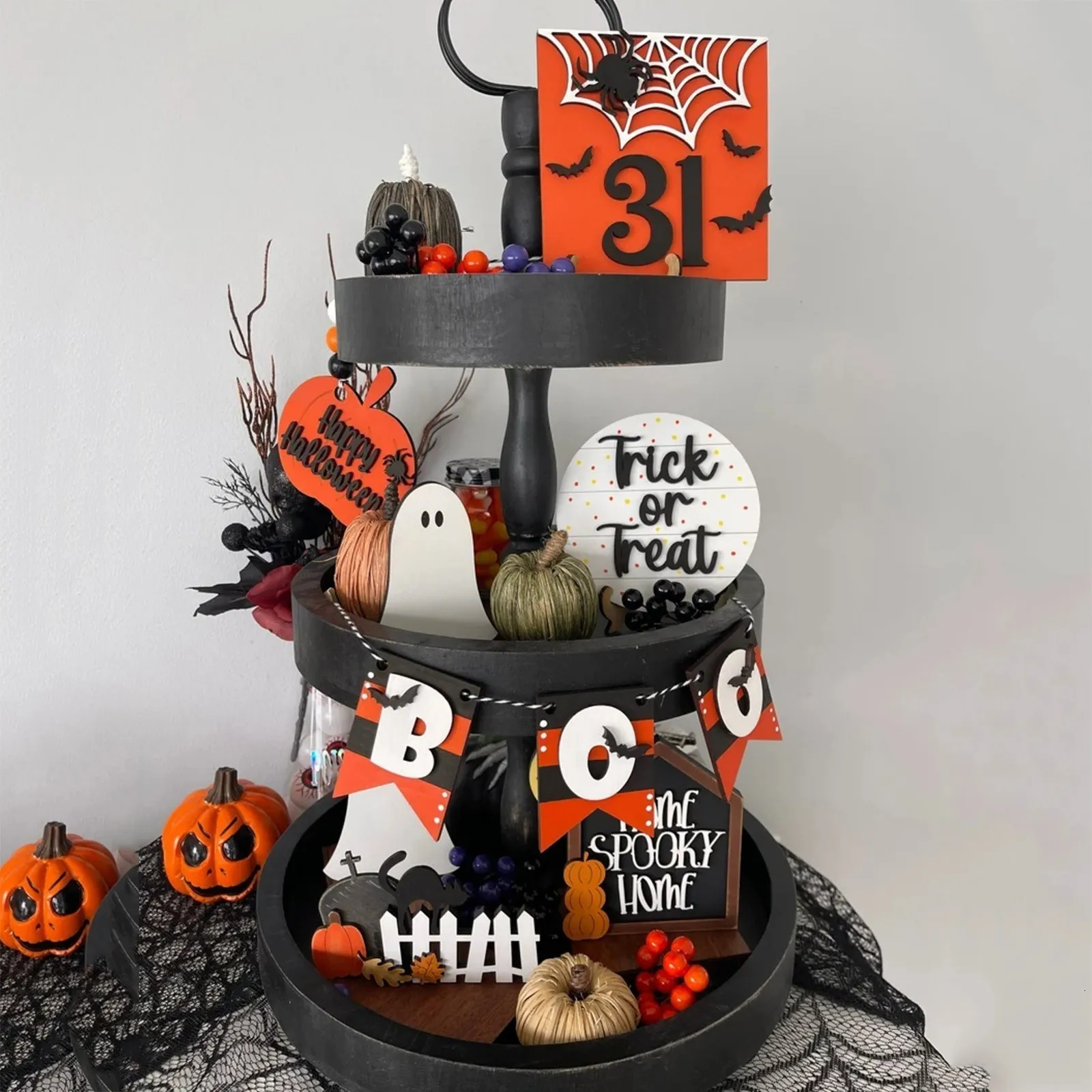 Andere evenementen Feestartikelen 1 Set van Halloween Gelaagde Dienblad Decoraties Halloween Houten Borden Voor Halloween Thuis En Kantoor Decor Halloween Single Tier Dienblad 230809