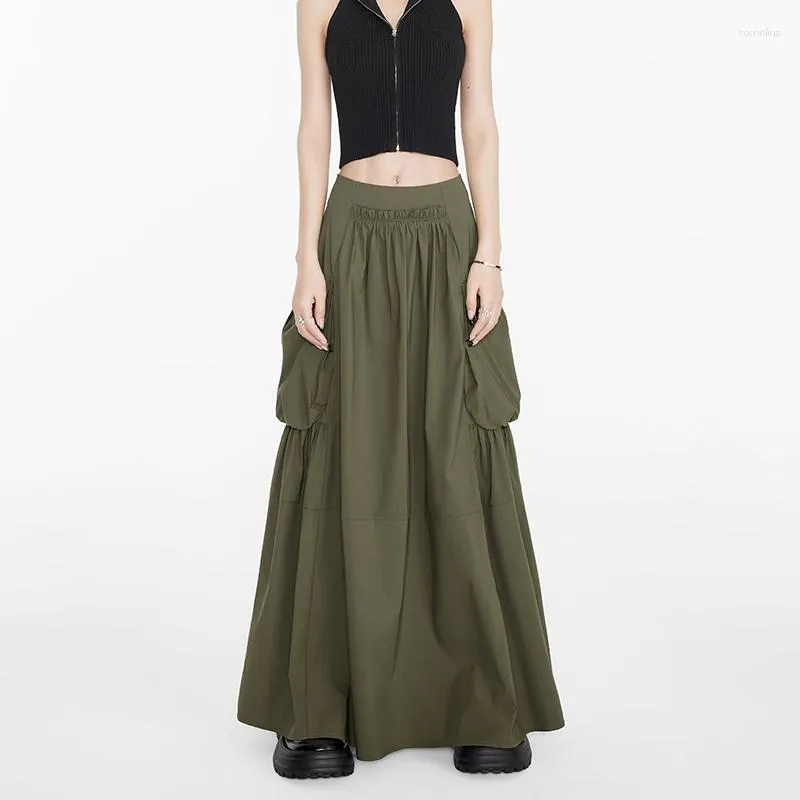 Skirts Military Green Long For Women Fashion 2023 Large Swing Maxi High Waist Pocket Workwear A-line Retro Korean