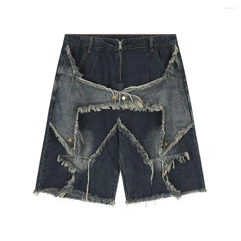Herr shorts nisch design denim vintage y2k korta byxor män hip hop streewear förstört rippad stjärna casual retro jean sommar