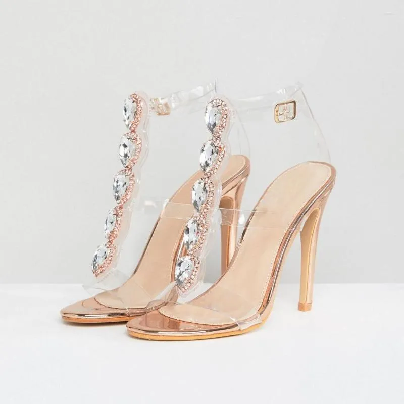 Klänningskor Moraima SNC 2023 Summer Stiletto klackar stor storlek Transparent PVC Rhinestone Simple Ladies Sandals