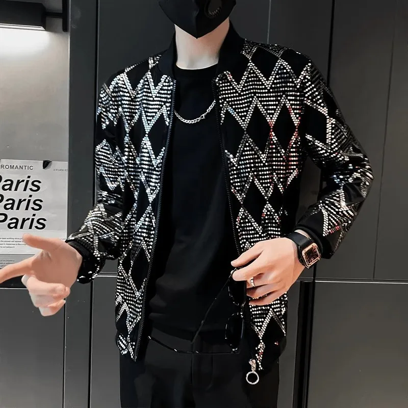 Herrjackor män svart paljett bombare jacka lös stativ krage vår sommar manlig casual hip hop coat zip up baseball jackor 230809