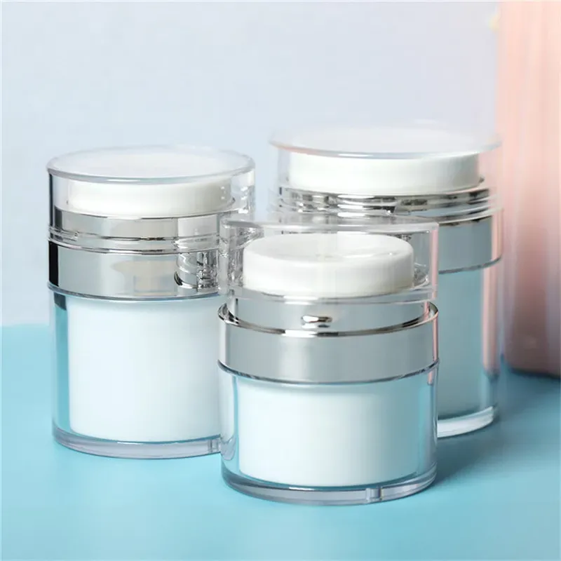 15 30 50 G ML bottles Pearl White Acrylic 0.5oz Airless Round Vacuum Lotion Cream Jar Cosmetic Press Plastic Refillable Air Pump Makeup Container For Packaging Travel