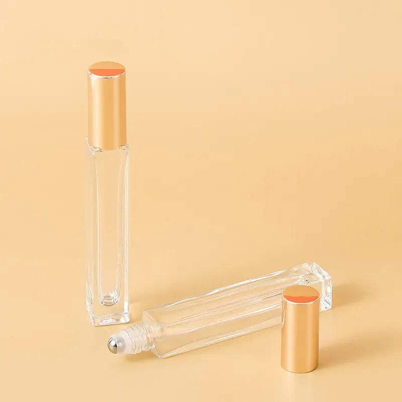 10ml Empty Pen Square Clear Glass Roll on Bottle with gold cap stainless steel roller ball for Essential oil Perfume