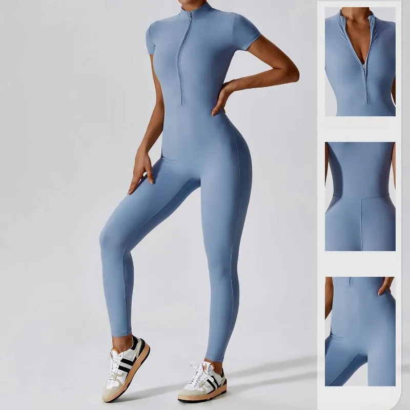 Active Sets Vêtement moulant une pièce pour femme avec fermeture éclair à manches courtes Fitness Yoga Suit Set Outdoor Respirant Confortable Sportwears