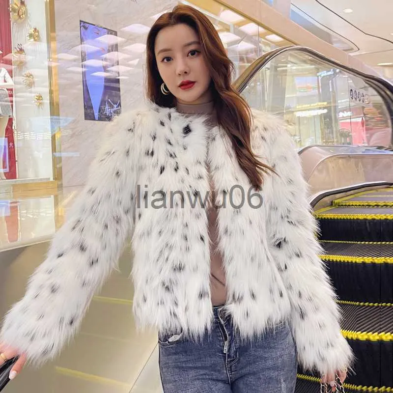 Kadın Ceketleri Kadın Sahte Kürk Matar Uzun Kollu Tasar Tasarım Leopar Dot Kontrast Renk Sıcak Kış Sonbahar Ceket J230810