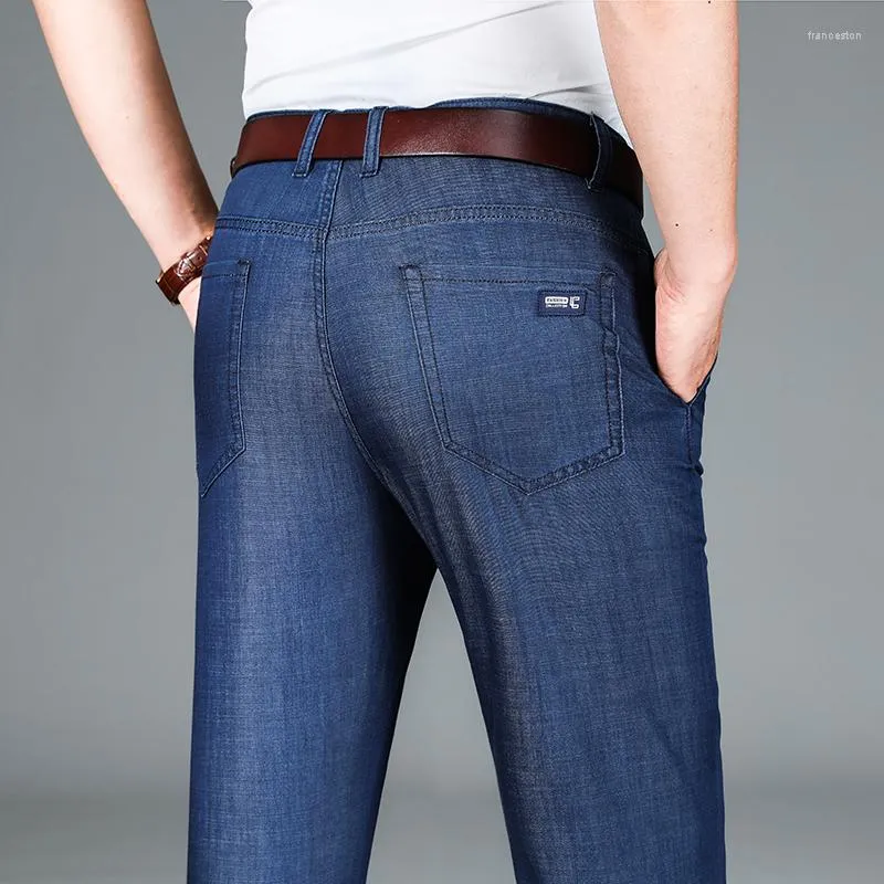 herenjeans lente zomer anti-rimpel comfortabele stof dunne zakelijke casual rechte hoge kwaliteit broek mannelijk merk blauw