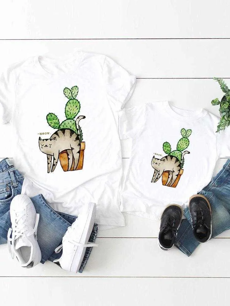 Family Matching Outfits Cat Cactus Plant Women Kid Child Summer Mom Mama Girl Boy Mother Tshirt Tee T-shirt Clothes Clothing Family Matching Outfits