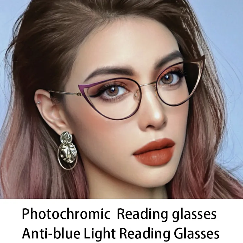 Reading Glasses Ultralight Alloy Cat Eye Eyewear Anti Blue Light Pochromic Reading Glasses For Woman Computer Presbyopic Eyeglasses 9987 230809
