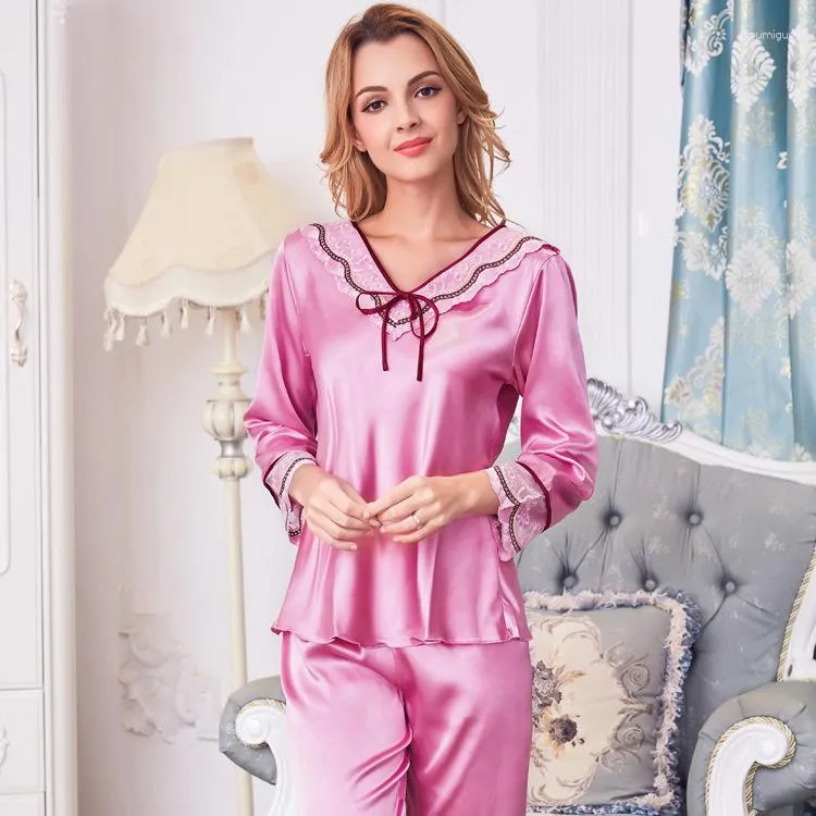 Kvinnors sömnkläder Silk Nightgown Vintage Pijama Mujer Pyjamas Long Sleeved Pants Sleeve Nightgowns Lady Sexy B-5357