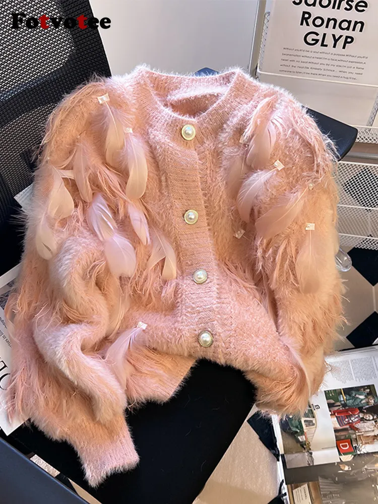 Maglia da donna Tees Fotvotee Maglione cardigan rosa Donna Cappotto chic lavorato a maglia Autunno Inverno Piuma Moda coreana Casual Top manica lunga Elegante 230809