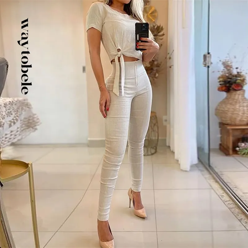 Women s Suits Blazers Waytobele Women Two Piece Set Summer Casual Solid Round Neck Lace Up Short Sleeve Top Sim With Pockets Pants Sets Streetwear 230809