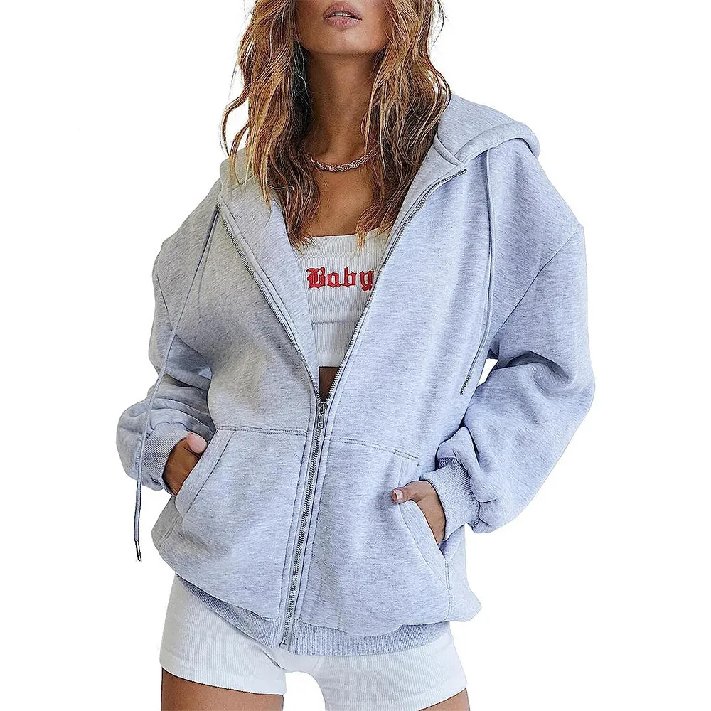 Kadın Hoodies Sweatshirts Zip Y2K Uzun Kollu Sonbahar Büyük Boyut Polar Ceket Cepleri 230809