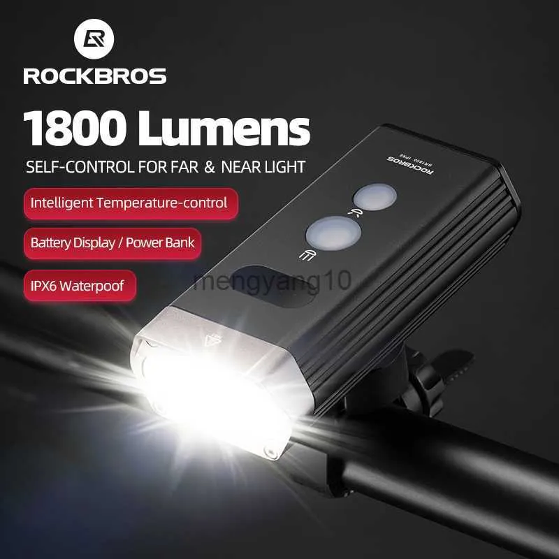 Cykelbelysning Rockbros 1800LUMENS BICYCLE LIGHT IPX6 Vattentät cykel Lamplig Power LED USB Laddningsbar Intelligent Bike Light -strålkastare HKD230810