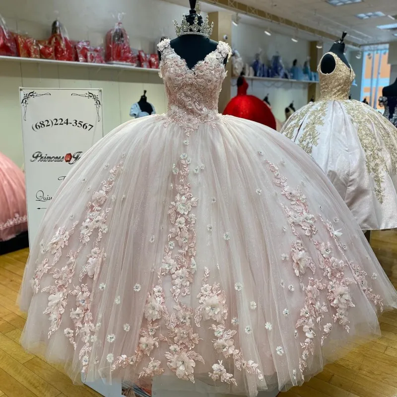 Off Shoulder Sleeveless Beaded Appliques Bow Knot Pink Sweet 15 Quinceañera Dress WQ1866