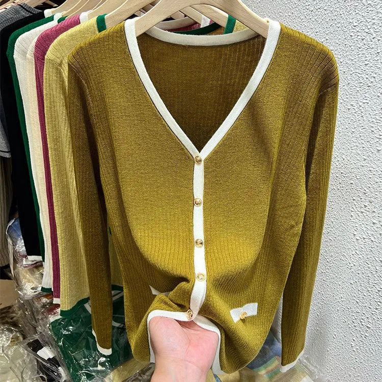 Women's Sweaters V-Neck Gold Color Fashion Knit Sweater Full Sleeves Good Quality Real Picture Lady Tops Jumpers Knitted Cardigan