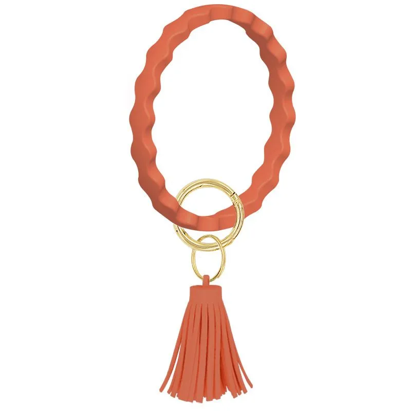 Jewelry Silicone Wristlet Keychain wave Bracelet with Leather Tassel Bangle Keyring Large Circle Key Ring For Women Girls Gifts Z2919