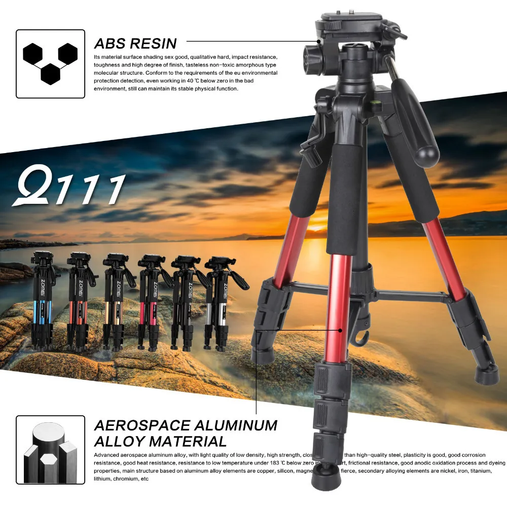 Tripods ZOMEI Q111 Aluminium Professional Portable Travel Aluminum Camera Tripod Pan Head for SLR DSLR Digital Camera 230809