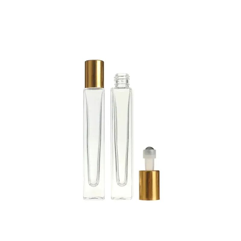 10ml Empty Pen Square Clear Glass Roll on Bottle with gold cap stainless steel roller ball for Essential oil Perfume