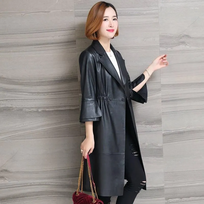 Women's Leather High Quality Middle Long Windbreaker Spring And Autumn Sheepskin Slim Single Coat Style Jacket