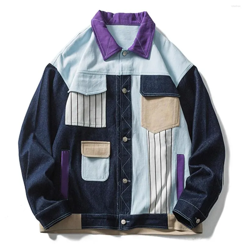 メンズジャケットブロックブロックビンテージマルチポケットカラーデニムパッチワークJacekts Coats Streetwear Hip Hop Harajukuカジュアルジャケットアウトウェア