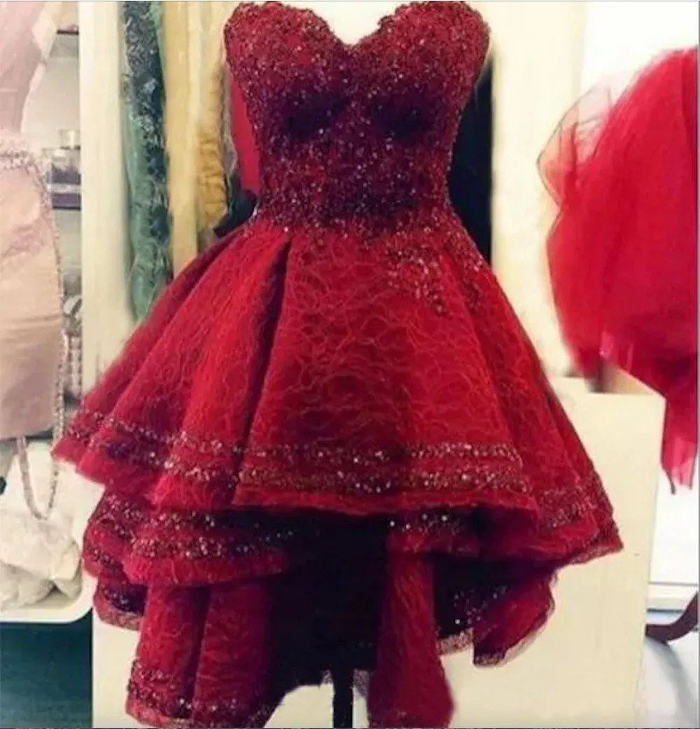 Dark Red Short Prom Dresses Cocktail Dresses Lace Sequins Party Dress Sweetheart Major Beading Women Dresses For Special Occasion