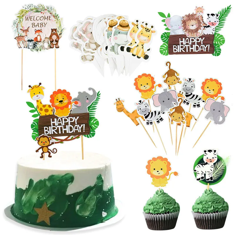 Jungle Safari Birthday Cake Topper Zoo Monkey  Jungle Party Cake Toppers Animal Birthday Theme Cupcake Wrappers Cake Flag