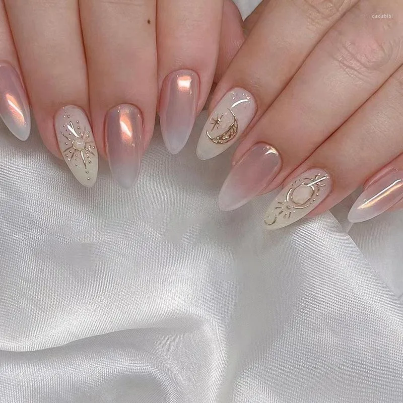 False Nails 24Pcs Round Head Almond Aurora Fake Tips With Sun Moon Design Press On Wearable Finished Nail Art