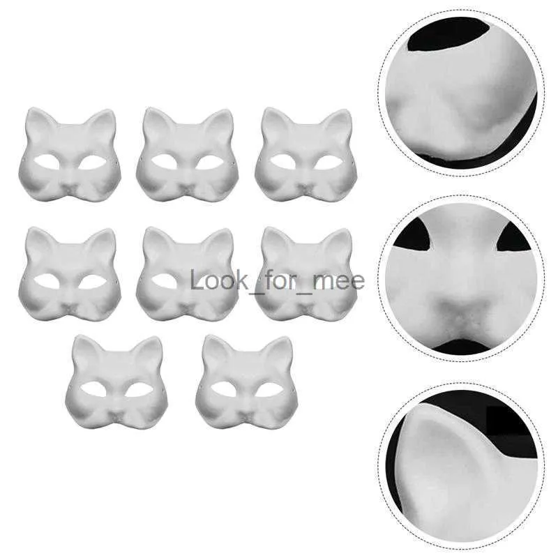 8pcs diy kedi yüz maskeleri maskeli balo maskeleri erkekler Japon kitsun maskeleri sanat kağıt beyaz boş yüz cosplay aksesuarları hkd230810