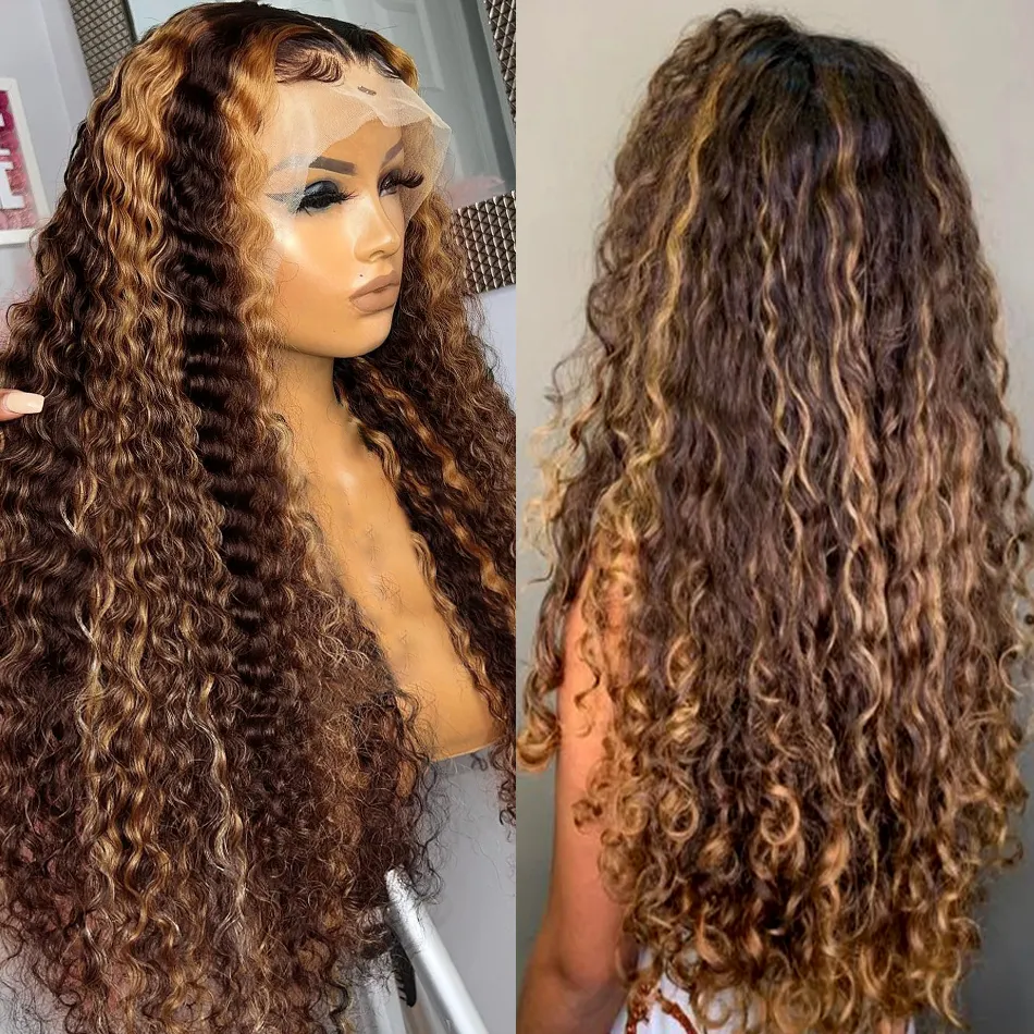 13x6 Hd Lace Frontal Wig Highlight Wig Human Hair Wigs Curly Ombre Colored Honey Blonde Water Wave Deep Wave Frontal Wig