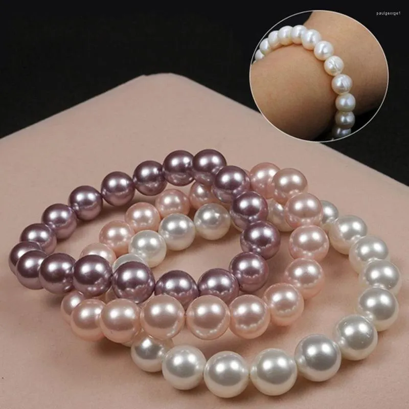 Strand Gifts Shell Beads Rosa/Roxo/Branco Cor Simulada Pérola 10mm Bangles Acessórios de Moda Jóias Pulseiras