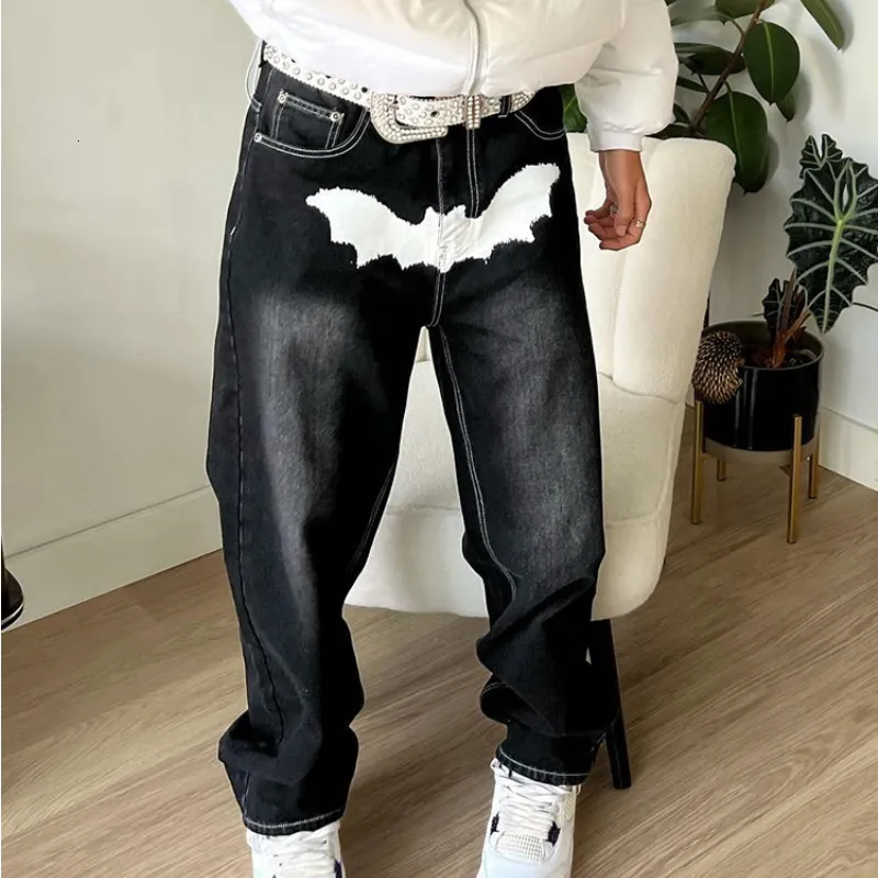 Herr jeans goth tryck män jeans harajuku vintage street hip hop svart kläder lösa avslappnad rak bomull bred ben mens 230809