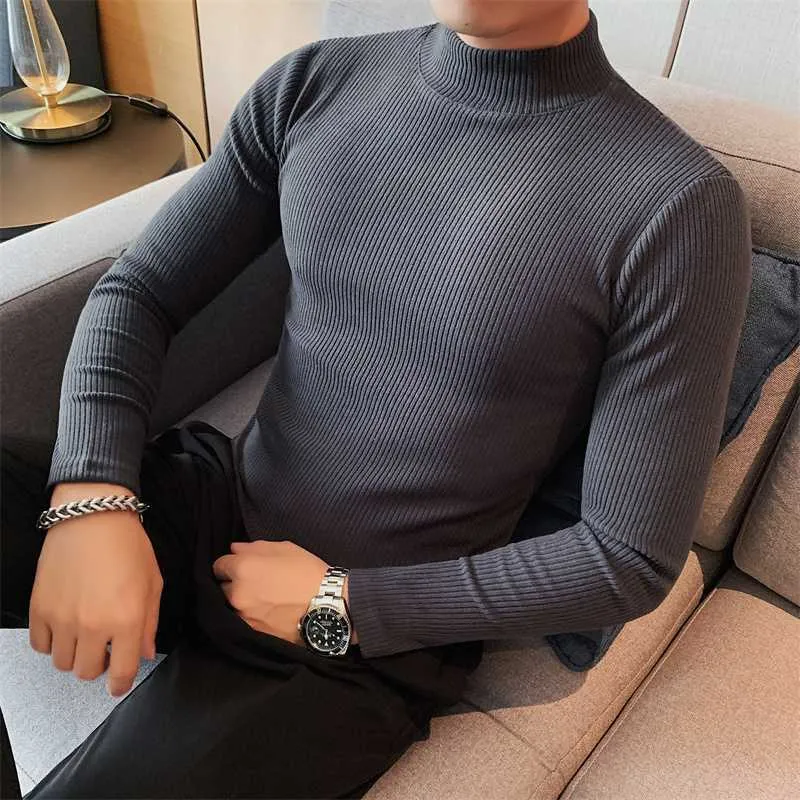 Plus Size 4XL-M Autumn Winter New Turtleneck Tee Shirt Homme Long Sleeve Simple Solid Slim Fit Casual Striped T-Shirts Male Sale